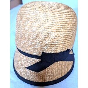 Face Framer Hat Sun Yacht Party Wheat Grass Weave Woven Black Ribbon Elegant Cap